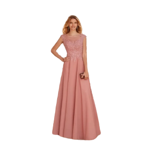 Vestido color Nude con encaje en el pecho hasta la cintura, tul en el cuello y falda con pliegues.