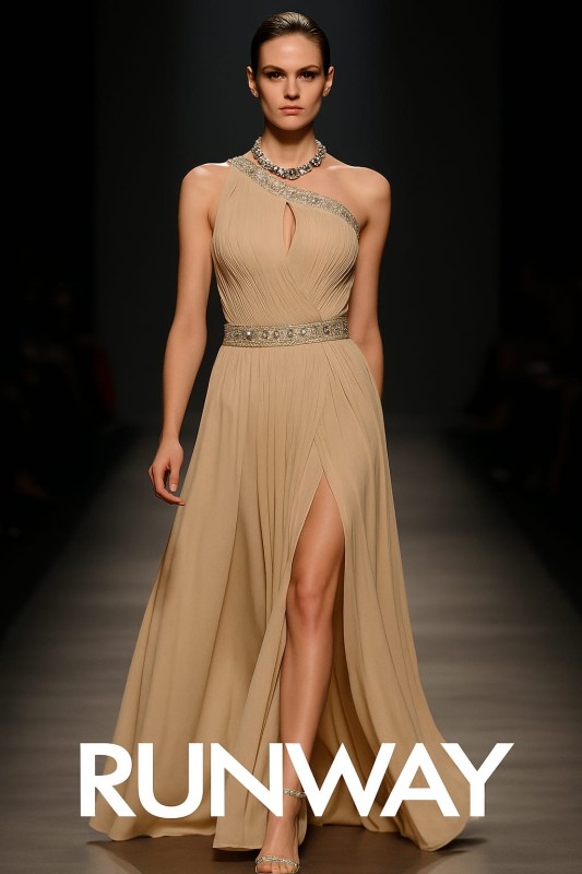 Vestido Beige, hombro afuera, pedrería en la cintura y cuello, trnezado en la espalda.
