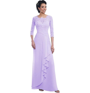 Vestido color Lila, de encaje, botones en la espalda, plisado en la cintura y plisado en la falta tipo A