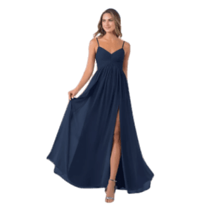 Vestido Azul Marino Oscuro, de tirantes y plisado en el pecho, falda tipo A.