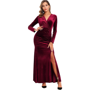 Vestido Fashion Nova color corinto de pana manga larga, cuello en V fruncido en la cintura talla 12 (L)