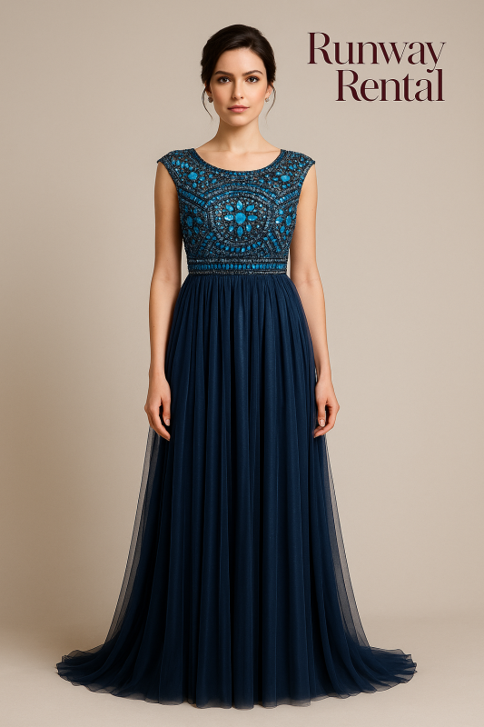 Vestido con piedras rusticas, tipo A Marca Marfil Color Azul Marino