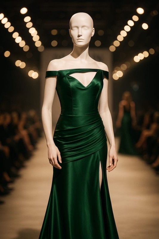 Vestido color verde esmeralda, tipo sirena, plisado en la cadaera y hombros afuera talla 12-1