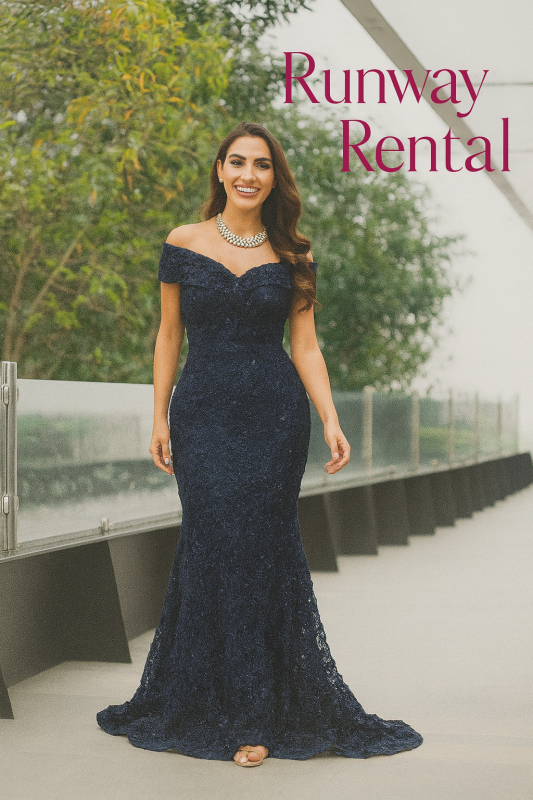 Vestido Xspace color azul oscuro tipo sirena hombros caído talla 16 (XL)