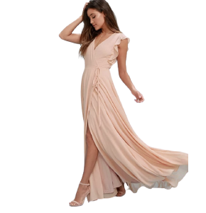 Vestido Style Fun de seda, color salmón grecia, cob manga de vuelo, abierto adelante.