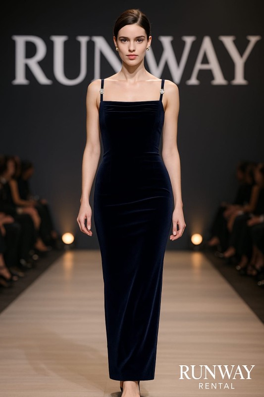 Vestido de terciopelo azul oscuro y tirantes