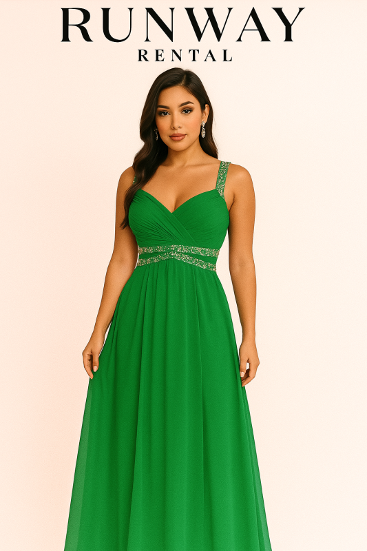Vestido Verde con piedras en la cintura tipo A
