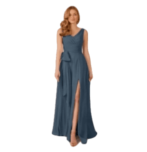 Vestido Gris Plomo, abertura en la pierna, plizado en la parte superior y bandas larga para hacer lazo o usar como chalina.