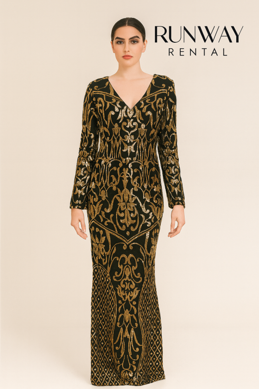 Vestido Miss Ord dorado con negro tipo sirena manga larga 16 (XL)