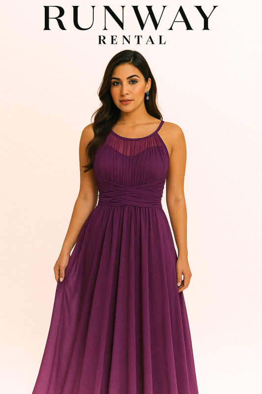 Vestido Adrianna Papell color morado plisado en frente, señido a la cintura y vuelos en la espalda talla 8(S)