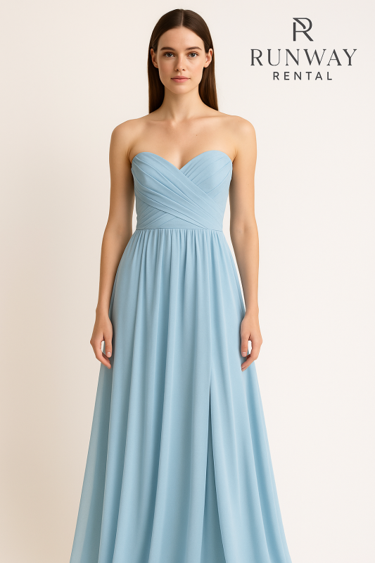 Vestido largo plisado de gasa celeste,  Túnica caliente, escote en forma de A