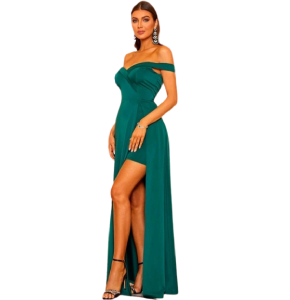 Vestido corto y largo, marca Missord, color Verde Oscuro, strech.