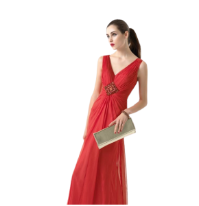 Vestido vaporoso, fruncido en el busto y fino detalle de piedras en frente Marca Marfil Color Rojo