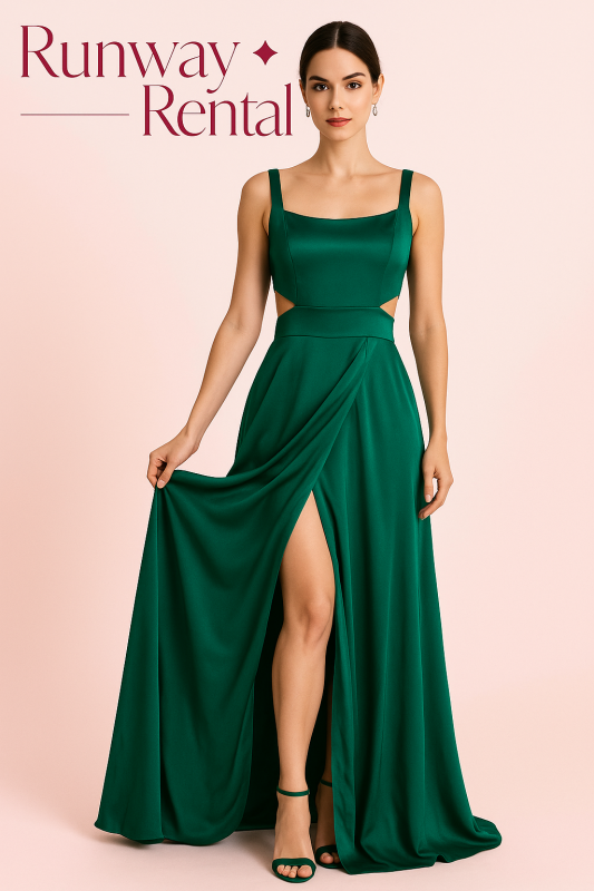 Sexy vestido verde esmeralda, espalda afuera.