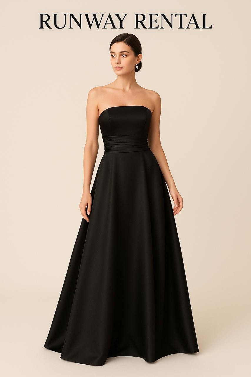 Vestido negro de satin hombros afuera plisado en la cintura con falda tipo A talla 14 (XL)