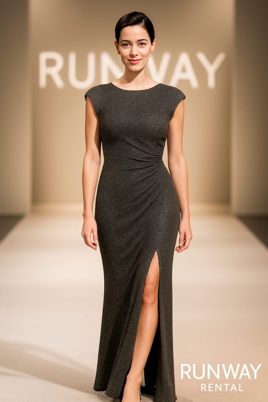 Vestido Eliza J gris brillante y oscuro con hombreras y fruncido a la altura de la cintura con abertura en pierna izquierda Talla 8