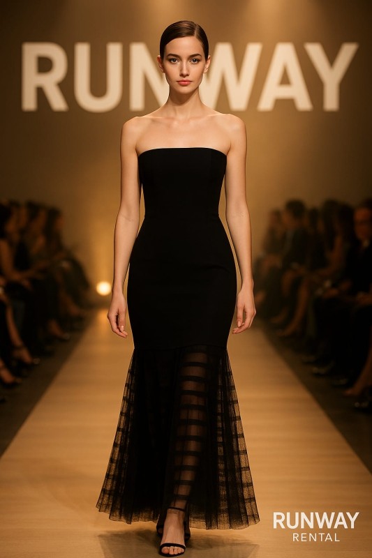 Vestido Jovani negro - hombros afuera - tipo Sirena - falda transparente  de tul