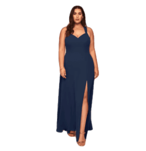 Vestido Azul marino oscuro, de tirantes gruesos, abierto en la pierna, escote en la espalda con tirantes cruzados y broches para hacer un delicado escote en la espalda.