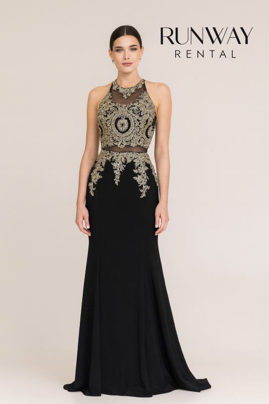 vestido Star Box negro y dorado tipo sirena y cuello tipo halter 16 (XL)