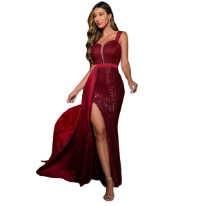 Vestido de lentejuelas con tirantes de malla, con abertura en el la pierna.