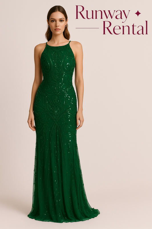 Vestido Verde con lentejuelas, Tipo A Marca Marfil Color Verde