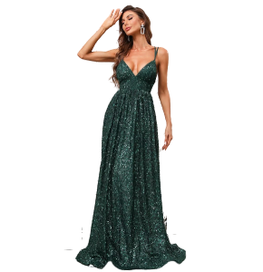 Vestido de vestir de espalda abierta con lentejuelas largo, color verde Esmeralda con lentejuelas y abertura enfrente.