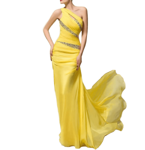 Vestido Amarillo tipo sirena con elegante pedrería plateada entrelazada en las franjas. Ceñido hasta la cadera y hombros afuera.