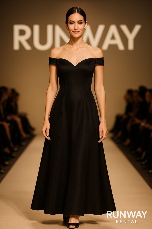 Vestido David's Bridal de Seda Negro, hombros afuera, Tipo A.