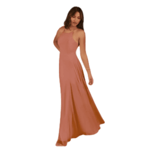 Vestido para dama de honor, color durazno, tipo A, tirantes y caída suave. Hombros afuera.