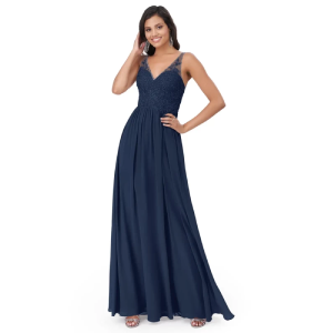 Vestido Azazie, color azul Neptuno oscuro con encaje en la parte superior.