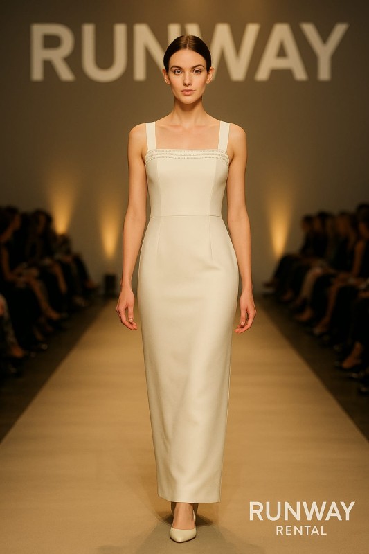 Vestido Cachet talla 6 color beige con perlas en pecho de tirante tipo tubo