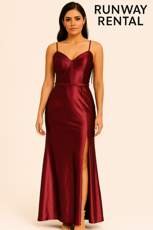 Vestido rosado brillante escotado en la espalda.