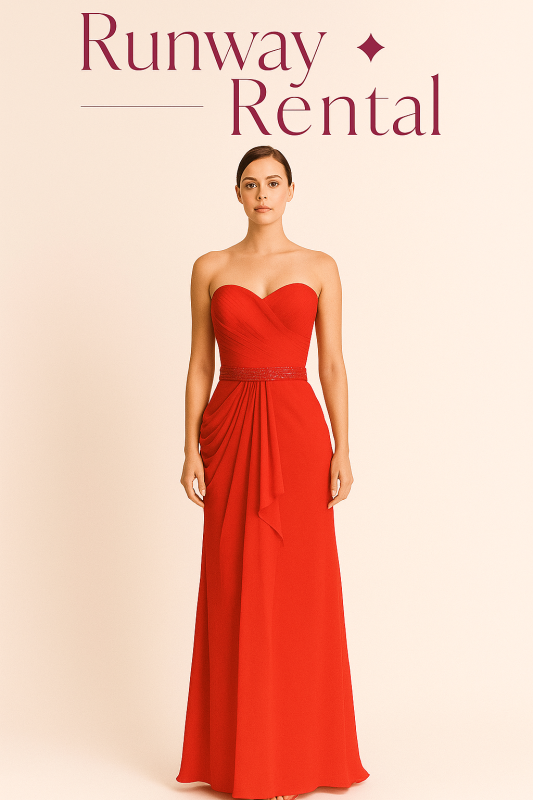 Vestido tipo corazon, vaporoso, cintura con piedaras y fino vuelo delanterio y abierto. Marca Marfil Color Rojo