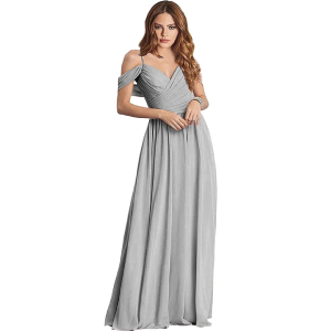 Vestido Gris pálido, con tirante y manga cortas colgantes, tipo A, plisado enfrente.
