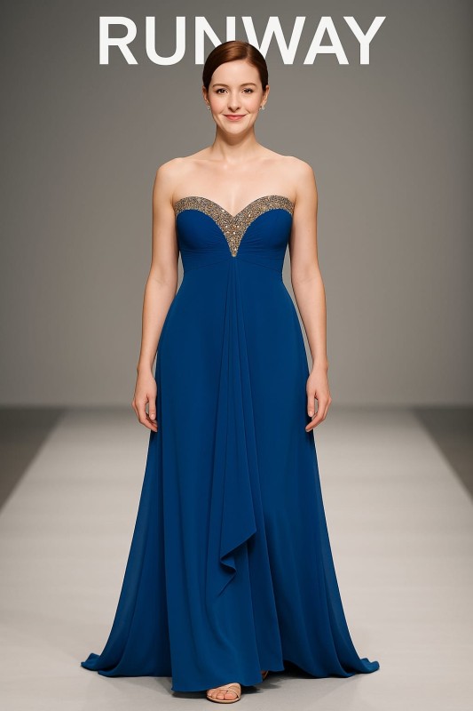 Vestido Azul decorado con Piedras en el pecho y espalda, hombros afuera.
