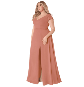 Vestido Azazie color Nude espalda afuera y pequeñas mangas tipo A