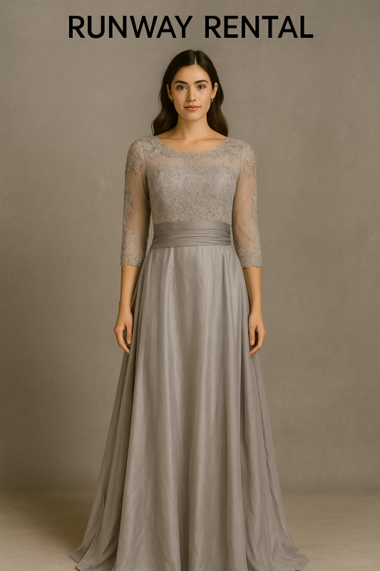 Vestido Gris de gala con manga, decorado con bordado.