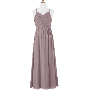 Vestido Azazie, color nude,  plisado en el pecho con tirantes y lazo en la espalda