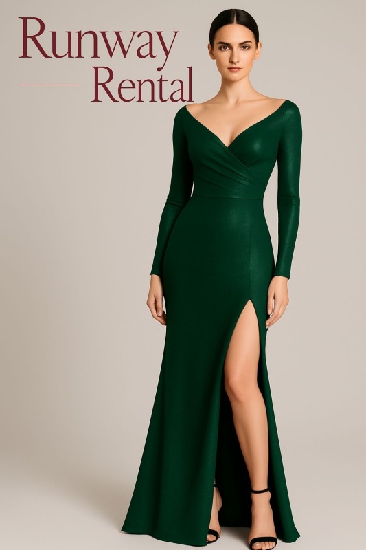 Vestido Verde esmeralda tipo sirena hombros caídos abertura lateral