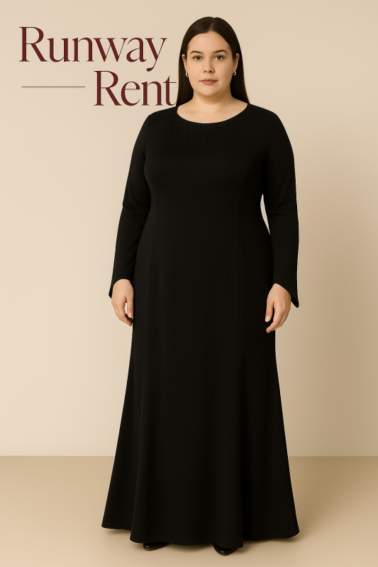 Vestido negro manga larga con detalles plateados en V