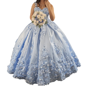 Vestido de XV años color azul celeste de flores delicadas tipo corazon