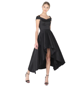 Vestido Negro corto y largo de tirantes y mangas caídas.