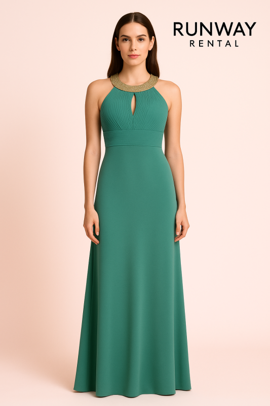Vestido verde menta, con piedras tipo perla, cuello redondo.