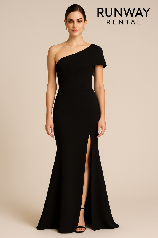 Vestido Negro liso hombro afuera corredera dora tipo sirena